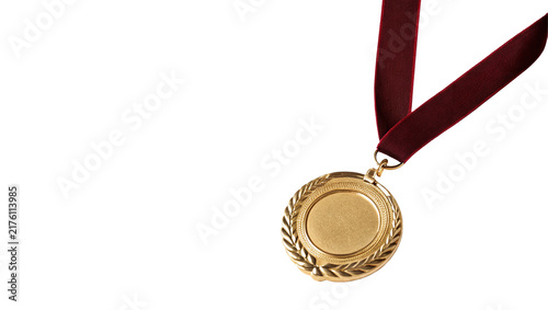 Fotografie Golden metallic award medal with dark brown ribbon isolated on transparent background for sports competition success celebration