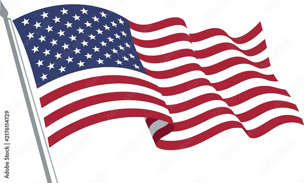 Fototapeta premium Waving American flag isolated on a white background with a flagpole.