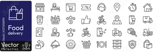 Food delivery Web Icon Set in Linear Style. Collection of delivery line icons, including courier, restaurant, food, fast food, scooter, deliver, menu, grocery, take away and more. Editable stroke