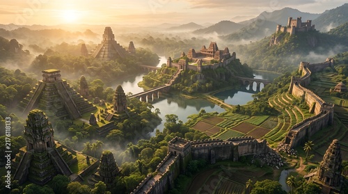 Epic ancient jungle ruins golden sunrise view of Mayan civilization architecture and forgotten empire
