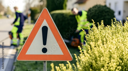Triangular warning sign with an exclamation mark in the foreground while municipal workers trim hedges along a residential street