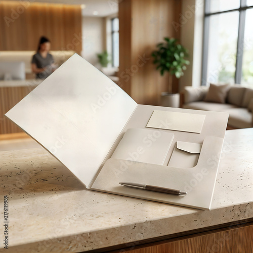Blank paper presentation folder mock up on a modern office reception counter