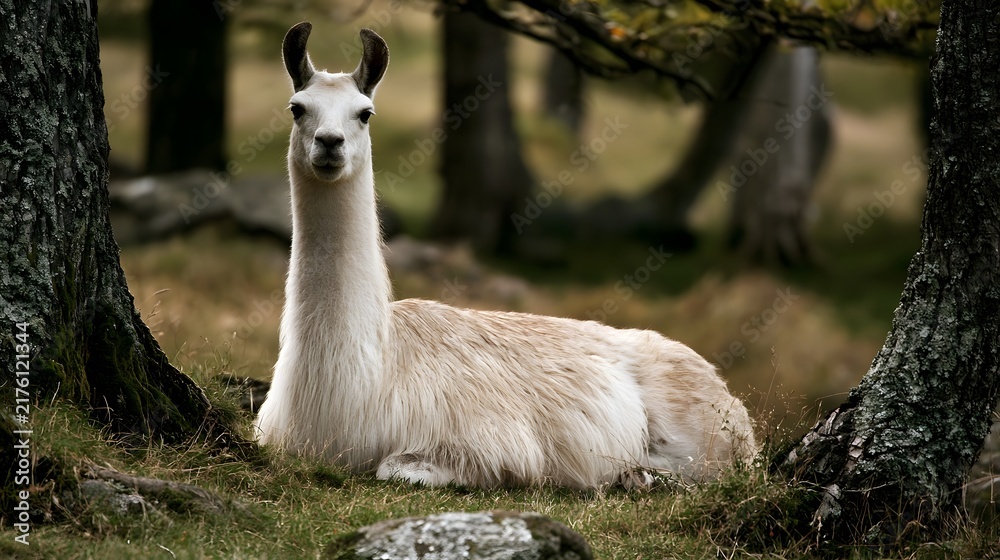 Fototapeta premium A white llama rests calmly among mossy tree trunks in a forested area with soft natural lighting