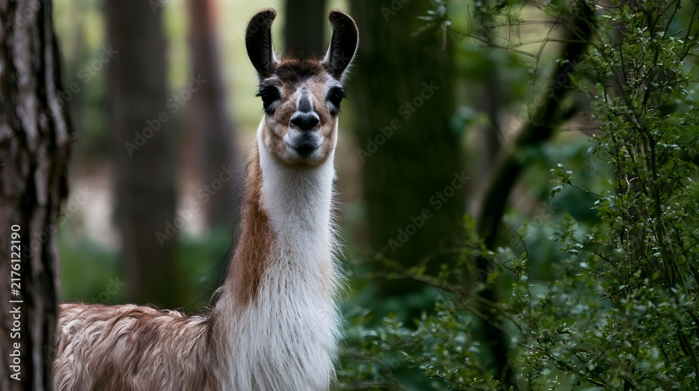 Obraz premium A llama stands alert in a lush forest its long fur and perked ears visible against the greenery