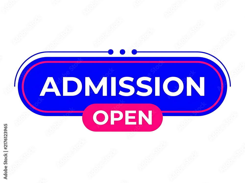 Fototapeta premium Admission open label design with blue rounded banner and pink tag