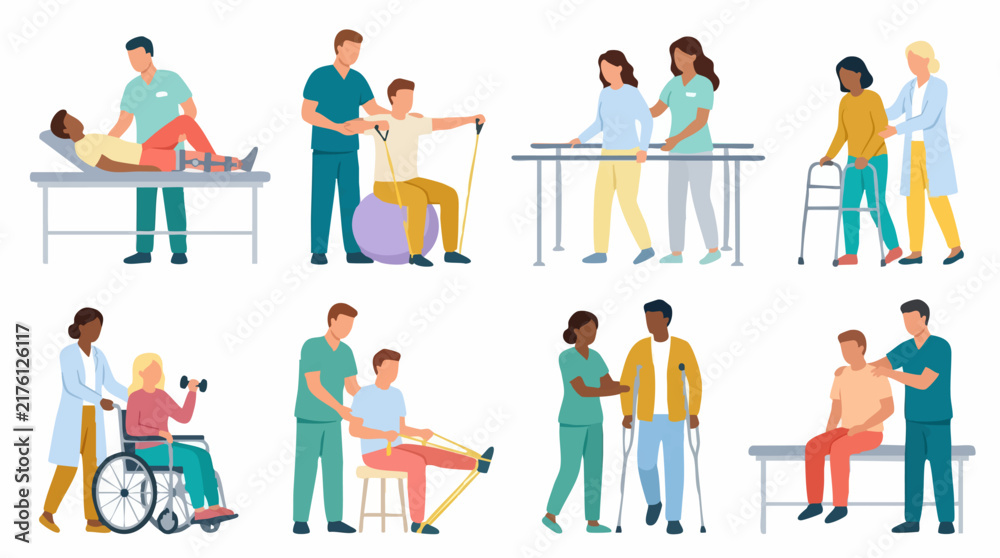 Fototapeta premium Physical therapy and rehabilitation exercises with patients and physiotherapists