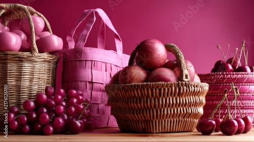 Baskets of Apples and Grapes on Vibrant Pink Background