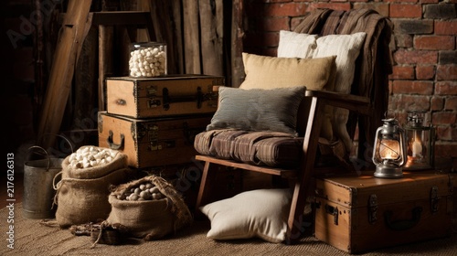Rustic Interior Corner with Cushions, Vintage Suitcases and Lantern