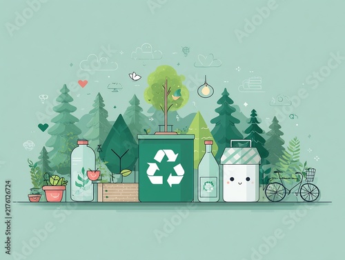 Sustainable Living and Recycling Concept Illustration with Eco-Friendly Products and Nature Elements