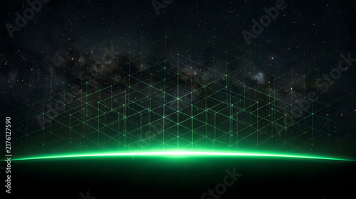 Futuristic green digital network grid over planet horizon in space