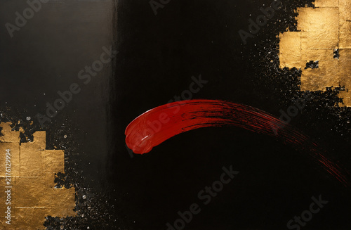 Japanese lacquer art style abstract painting with red brushstroke, gold leaf and silver flakes on black urushi background