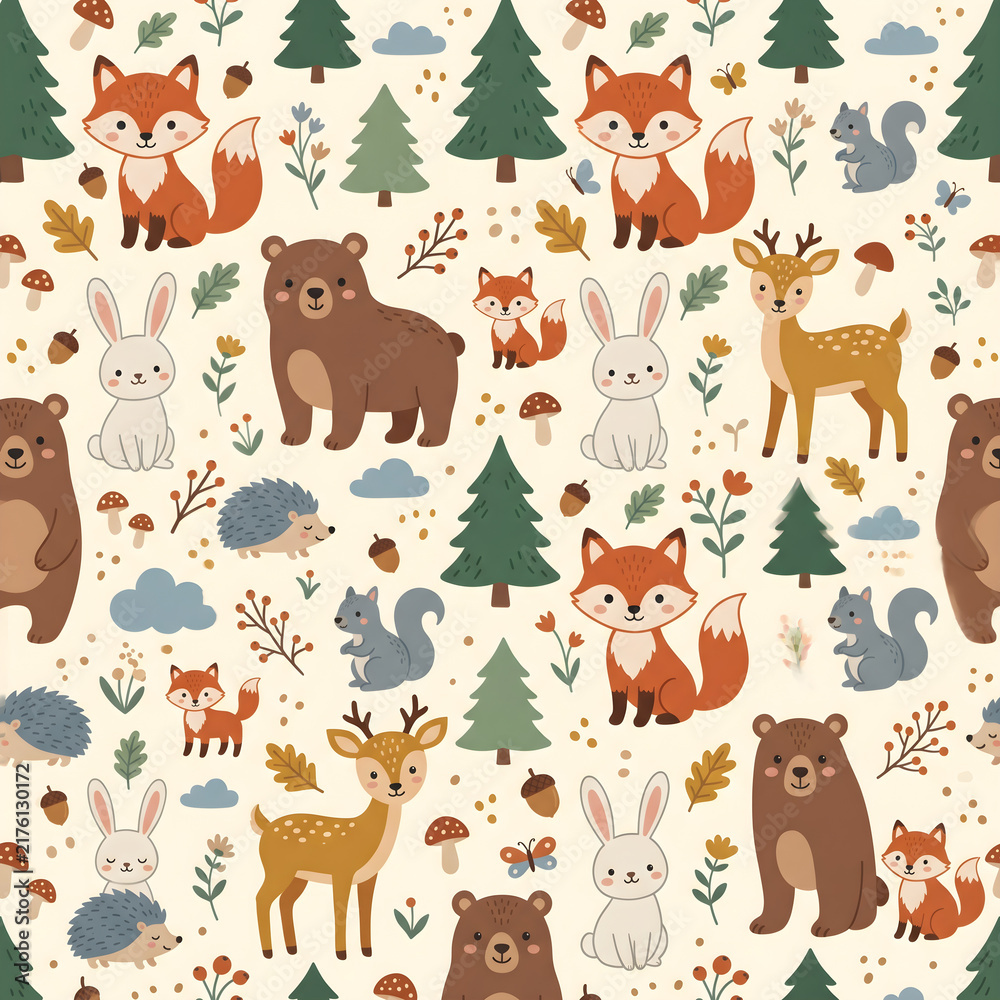 Obraz premium Cute Forest Adventure Seamless Pattern