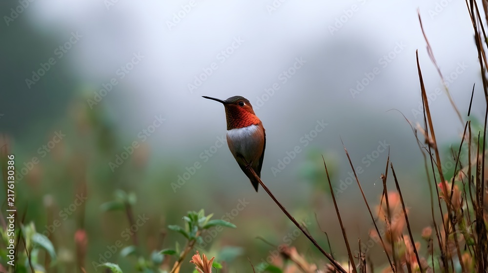 Obraz premium A small hummingbird perches on a thin stem in a soft focus natural setting with misty background and greenery