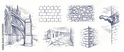 Gothic cathedral stone architecture sketch set featuring gargoyle sculpture, medieval castle fortress battlements, vintage brick masonry wall texture, and ancient historic building elements illustrati