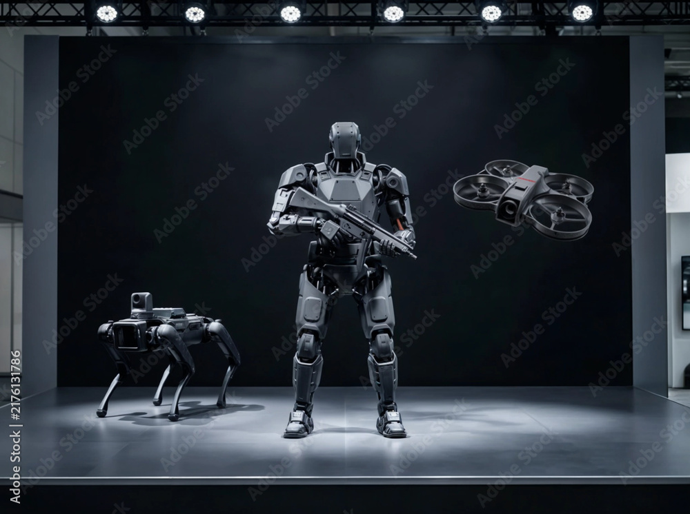 Obraz premium Squad of multi-purpose AI combat robots consisting of armed humanoid android, robotic support dog and reconnaissance fpv drone. Military robotics technology concept. Digital illustration for poster