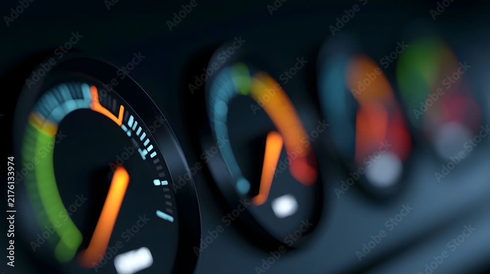Obraz premium Close up of illuminated dashboard gauges with color coded indicators showing performance metrics in a modern vehicle interior