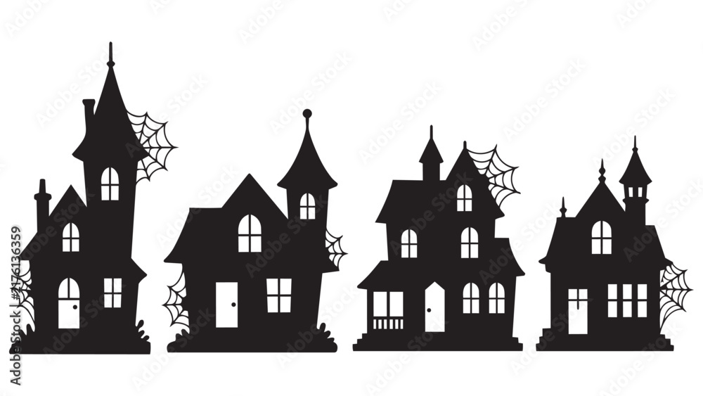 Fototapeta premium Four black and white haunted houses with spider webs illustration