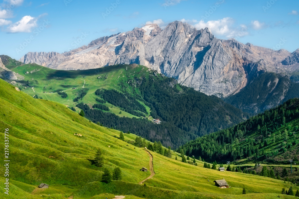 Fototapeta premium Marmolada Massif View from Sella Pass Summer Dolomites