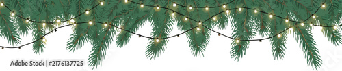 Decorative christmas garland made of lush evergreen pine branches with hanging glowing string lights isolated on white background
