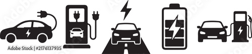 Set of black electric vehicle icons including charging station and battery symbols