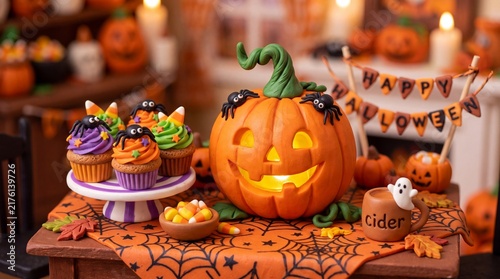 Halloween Miniature Pumpkin with Cupcakes and Festive Decorations