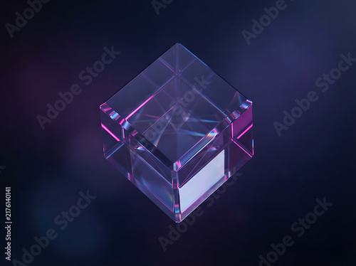 Glowing glass cube with purple and blue neon light reflections