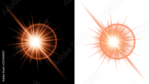 Glowing orange sunburst with ring flare effect on transparent background