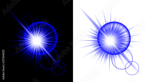 Blue glowing abstract sphere with radiant starburst and swirling light trails
