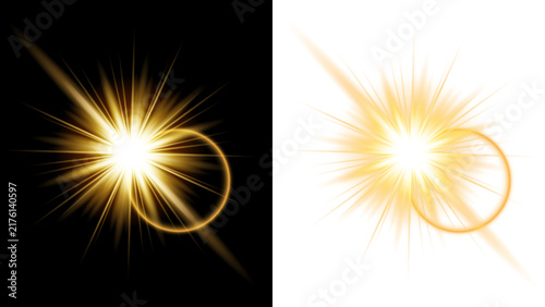 Golden sparkle burst with elegant swirling light trail on black and white background