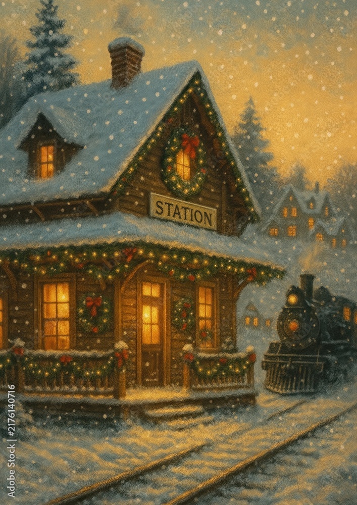 Fototapeta premium Cozy winter train station scene.