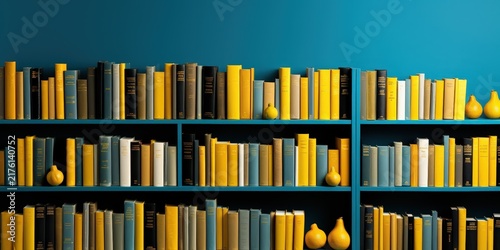 A bookshelf overflowing with colorful books, featuring a few yellow pears strategically placed on each shelf, creating a vibrant and eclectic display of knowledge.