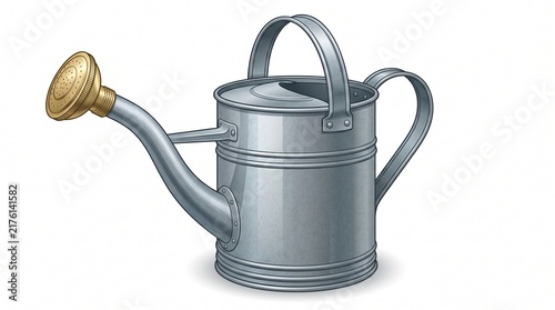 Metal watering can garden tool with brass spout head illustration