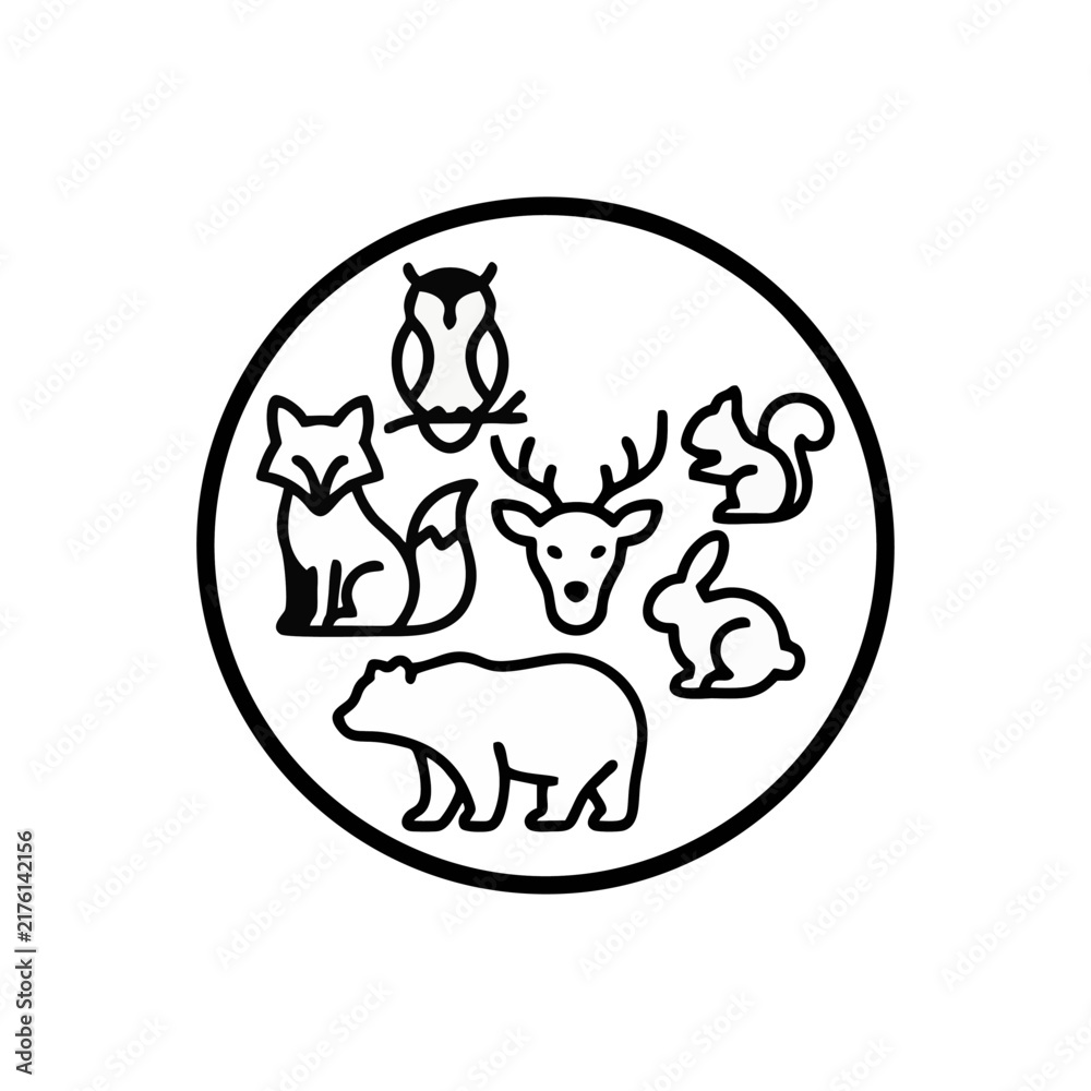 Obraz premium Forest Wildlife Gathering With Lion Giraffe Elephant Monkey And Bird