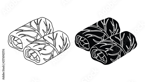Cabbage rolls icon set, traditional stuffed cabbage leaves, isometric vector illustration of dolma or golabki food items, outline and silhouette style