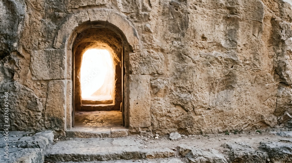 Fototapeta premium Ancient stone doorway with bright light emanating from within a rocky structure
