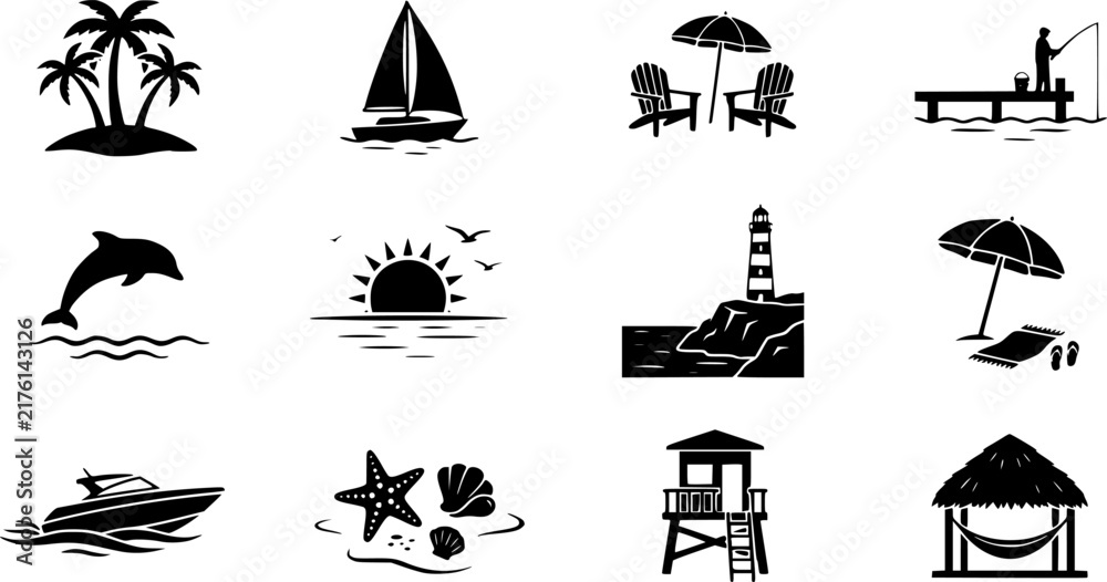 Fototapeta premium Black silhouette beach icon set featuring boats, palm trees, and fishing piers