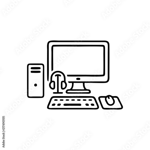 Computer Workstation Featuring Monitor Headset Keyboard Mouse And Desktop Tower