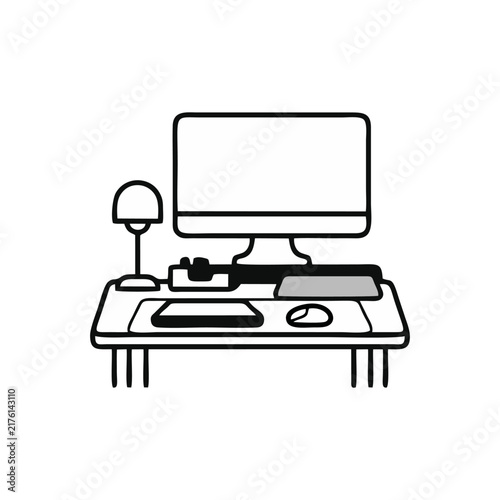 Desktop Computer Setup Arranged On Workstation With Lamp Keyboard And Mouse
