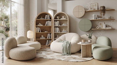 Modern contemporary living room interior with stylish beige and green furniture, arched bookshelves, and a cozy aesthetic design