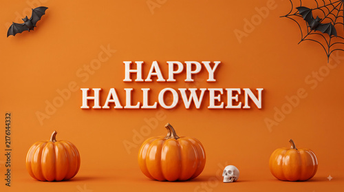 Happy halloween celebration sign featuring pumpkins a skull spiderweb bat on orange backdrop halloween pumpkins spiderweb celebration greeting background seasonal