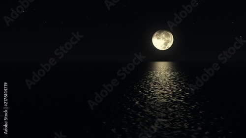 Full Moon Rising Over Calm Sea at Night with Soft Reflections