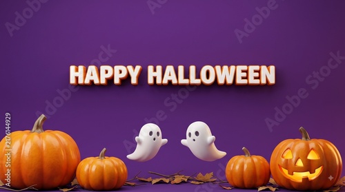 Happy halloween seasonal design featuring multiple carved glowing pumpkins and playful ghosts on purple background halloween background seasonal celebration multiple