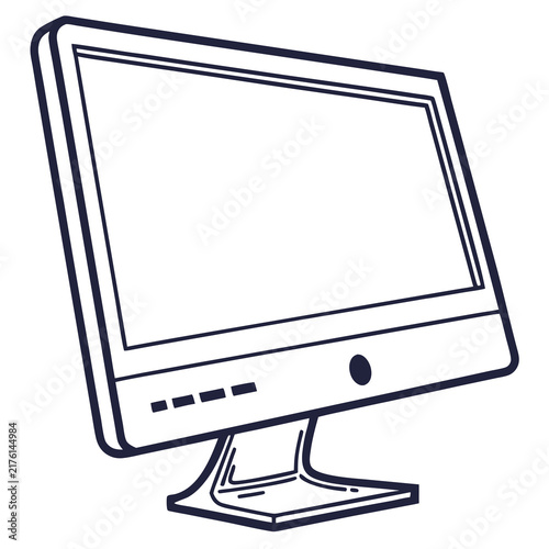 A simple black and white line art illustration of a modern desktop computer monitor display with clean vector illustration plain white background