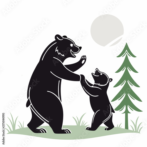 A black bear and a cub playing together in a grassy landscape with a tree with black silhouette illustration interacting playfully next next green evergreen