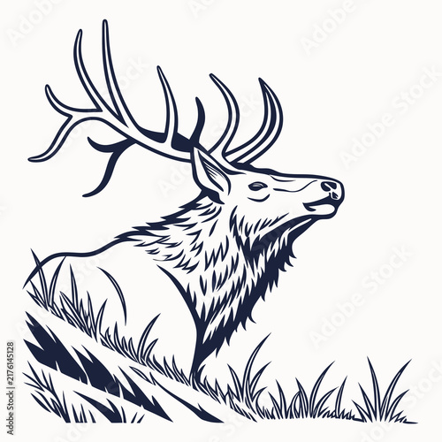 A black and white line art illustration of a majestic elk standing in the grass with large antlers standing stylized black silhouette wilderness