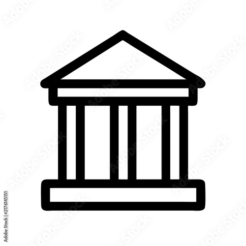 A simple black and white line art vector icon representing a classic building with columns with minimalist linear icon featuring front view neoclassical building pediment columns