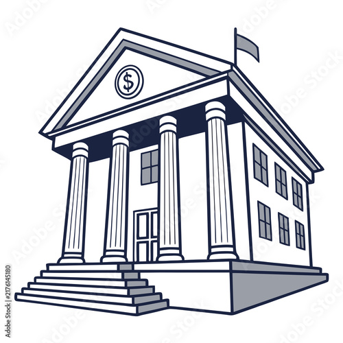 A black and white line art illustration of a classic bank building with columns with set stairs clean graphic design pediment dollar sign symbol