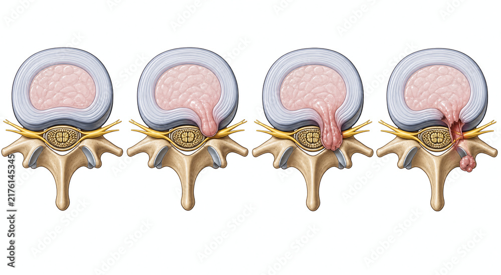 Obraz premium Spinal disc herniation progression medical illustration sequence