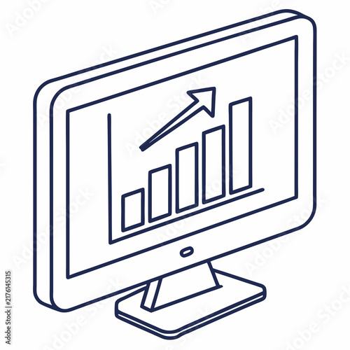 Monitor displaying a rising bar chart icon as a simple line drawing on white background with trending arrow illustrated illustrated clean linear