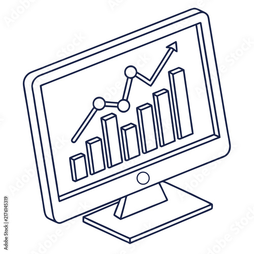 An isometric line art icon of a computer monitor with shown isometric view bar chart screen line graph presentation information performance with infographic